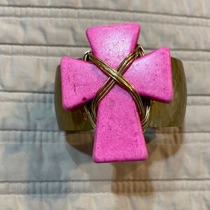 Gold Cuff Bracelet with Pink Cross Accent